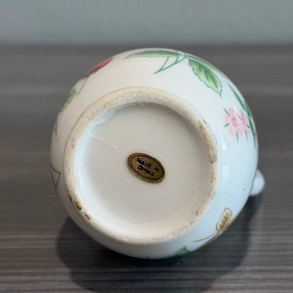 Vintage Strawberry Ceramic Bud Vase Pitcher Handle Floral Cottagecore Decor 7